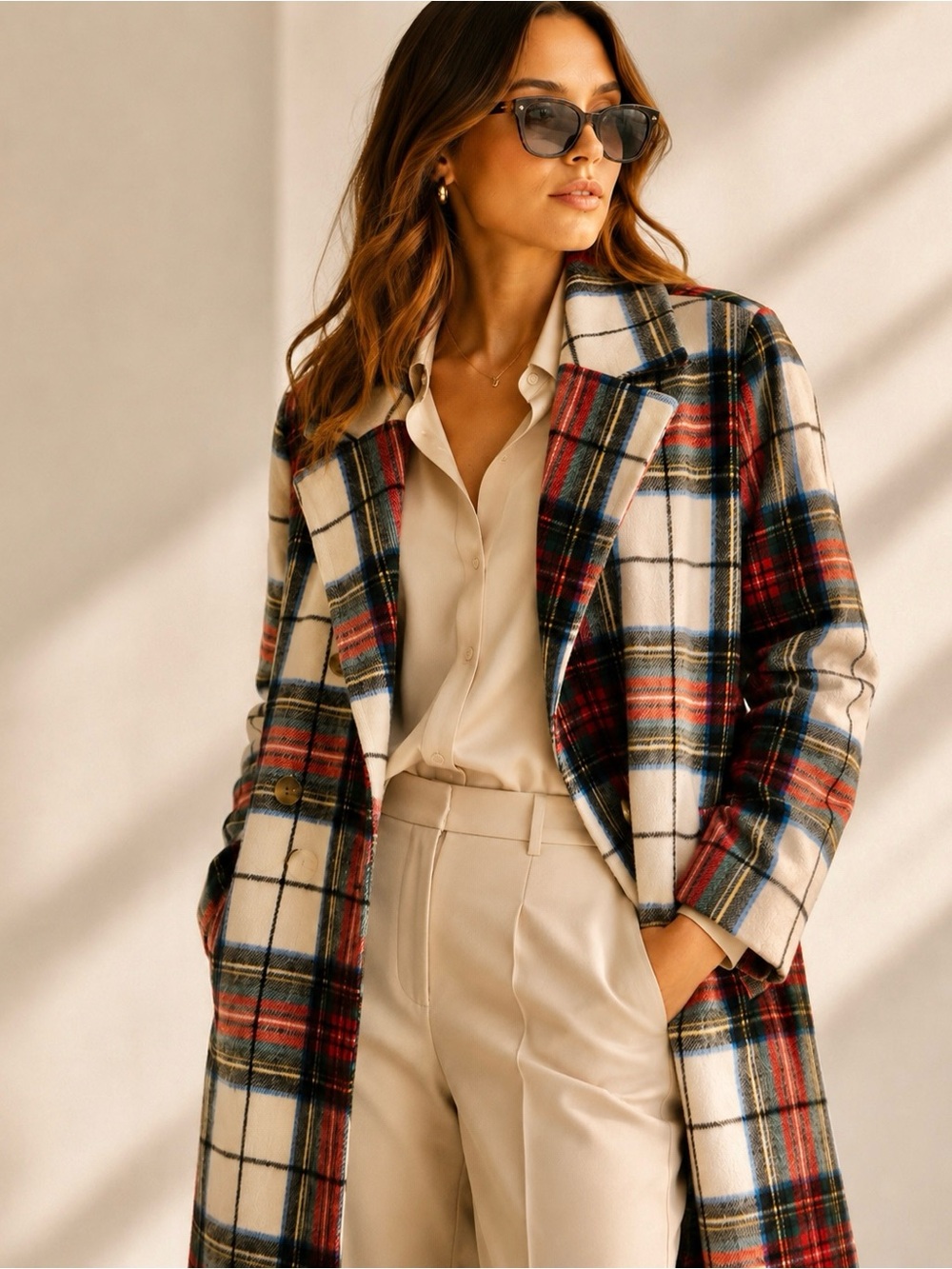 Old Navy Women’s White Tartan Plaid Long Slouchy Double-Breasted Coat - Picture 3 of 9